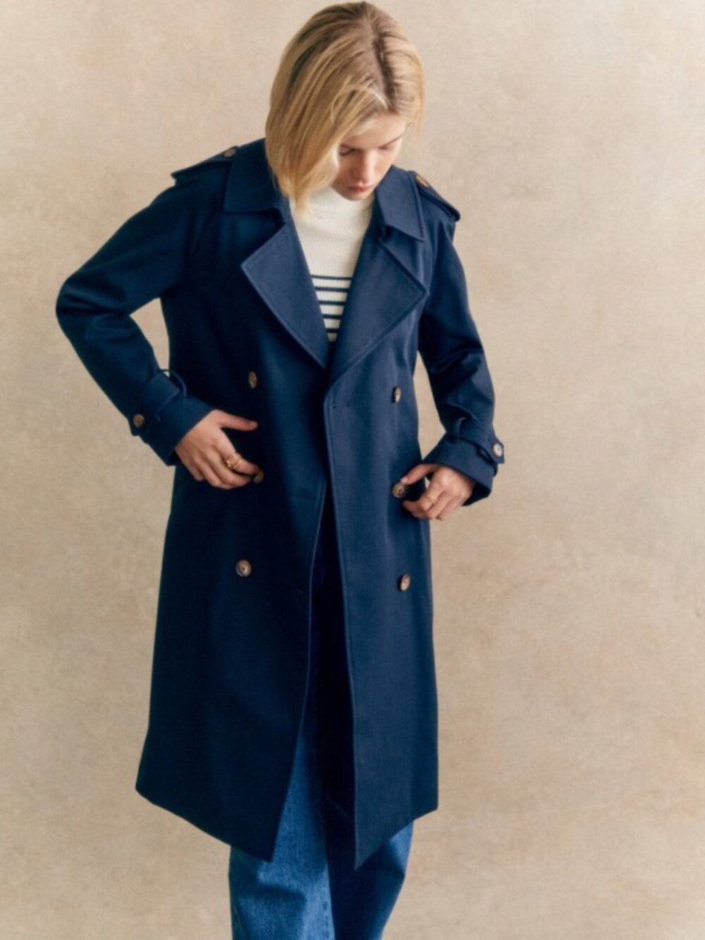 Sezane Scott Trench Coat, Navy NWT